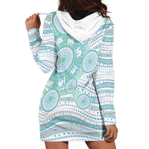 Australian Indigenous Aboriginal Art Hoodie Dress Vivid Pastel Teal Green