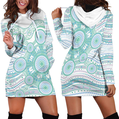 Australian Indigenous Aboriginal Art Hoodie Dress Vivid Pastel Teal Green