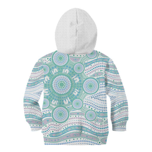 Australian Indigenous Aboriginal Art Kid Hoodie Vivid Pastel Teal Green