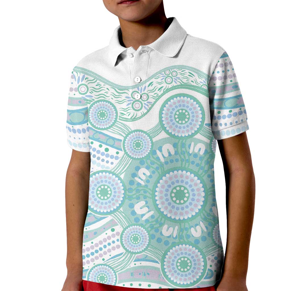 Australian Indigenous Aboriginal Art Kid Polo Shirt Vivid Pastel Teal Green