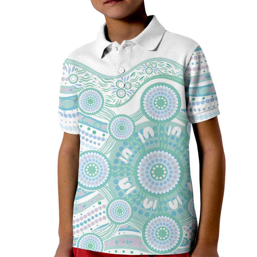 Australian Indigenous Aboriginal Art Kid Polo Shirt Vivid Pastel Teal Green