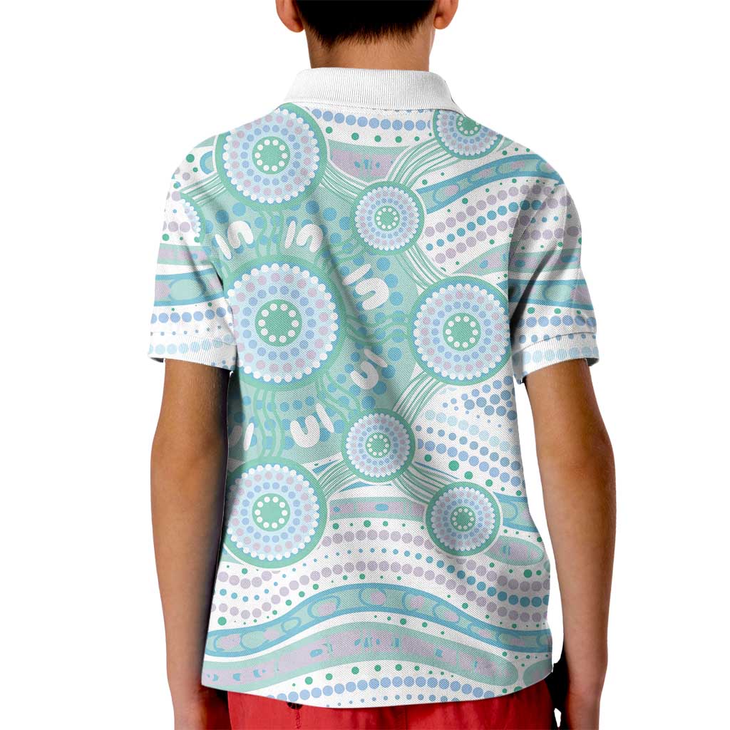 Australian Indigenous Aboriginal Art Kid Polo Shirt Vivid Pastel Teal Green