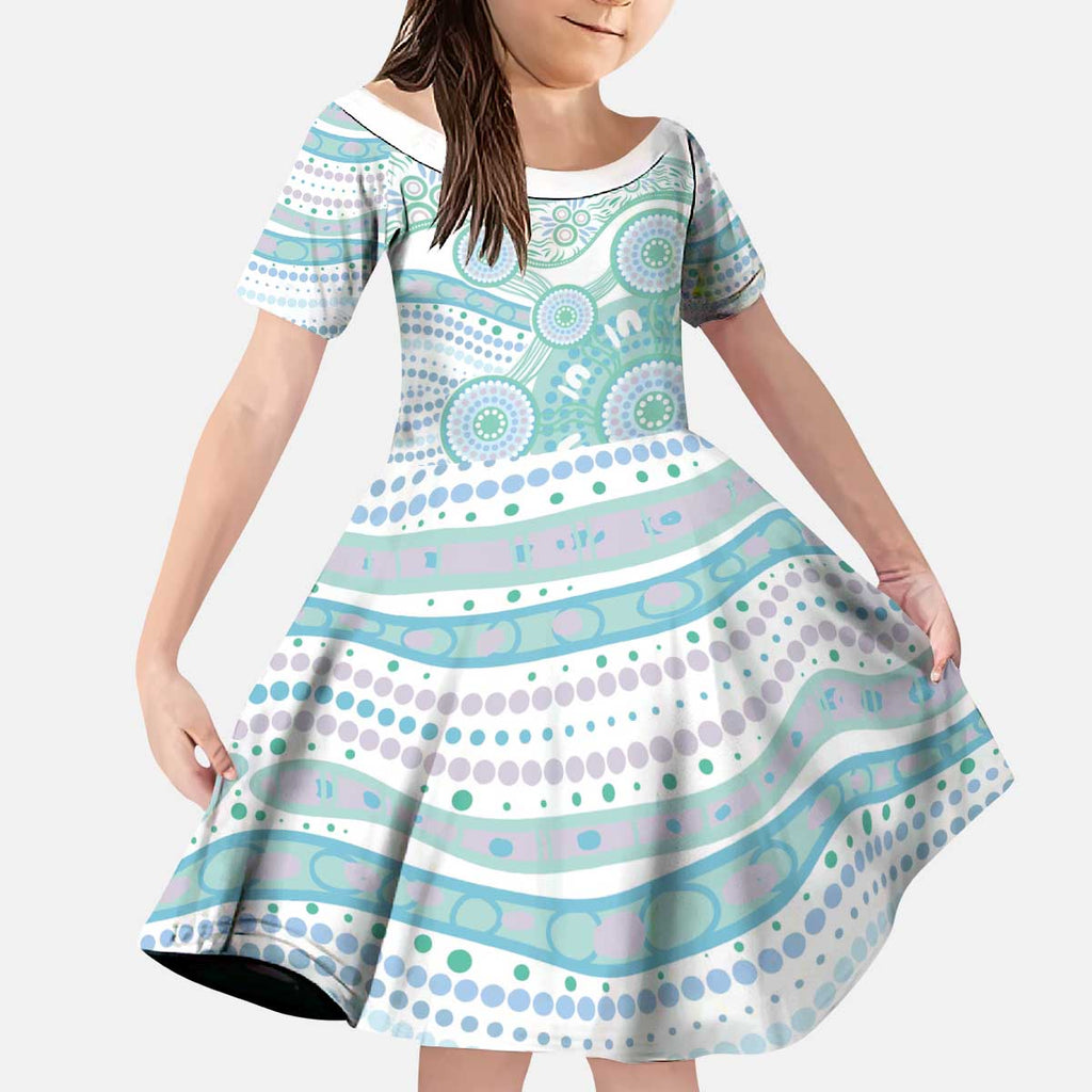 Australian Indigenous Aboriginal Art Kid Short Sleeve Dress Vivid Pastel Teal Green