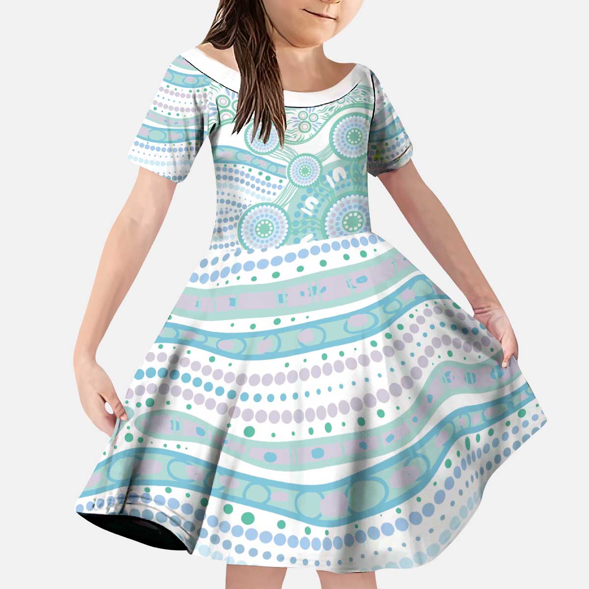 Australian Indigenous Aboriginal Art Kid Short Sleeve Dress Vivid Pastel Teal Green