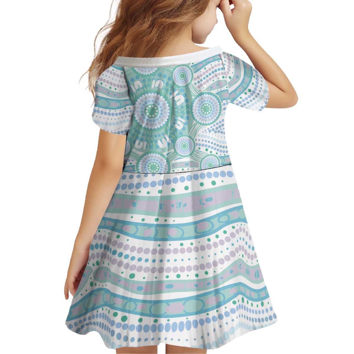 Australian Indigenous Aboriginal Art Kid Short Sleeve Dress Vivid Pastel Teal Green
