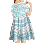 Australian Indigenous Aboriginal Art Kid Short Sleeve Dress Vivid Pastel Teal Green
