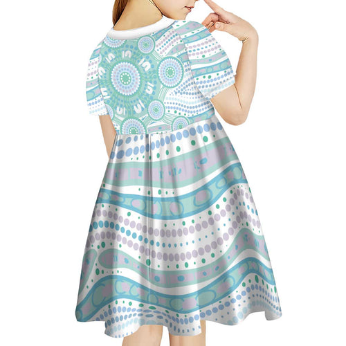 Australian Indigenous Aboriginal Art Kid Short Sleeve Dress Vivid Pastel Teal Green