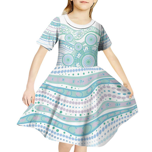 Australian Indigenous Aboriginal Art Kid Short Sleeve Dress Vivid Pastel Teal Green