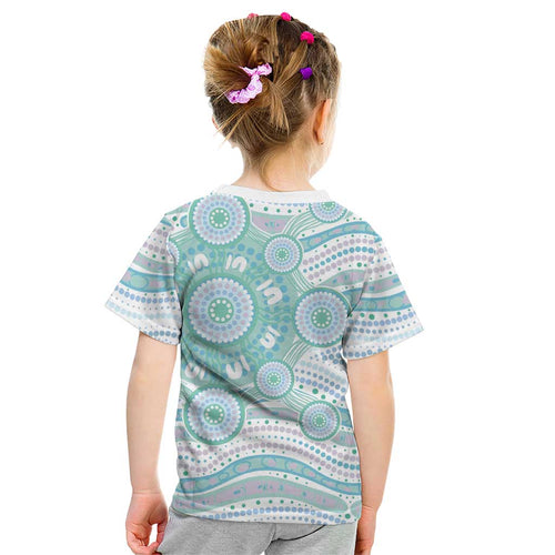 Australian Indigenous Aboriginal Art Kid T Shirt Vivid Pastel Teal Green