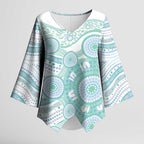 Australian Indigenous Aboriginal Art Kimono Sleeve Blouse Vivid Pastel Teal Green