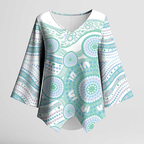 Australian Indigenous Aboriginal Art Kimono Sleeve Blouse Vivid Pastel Teal Green