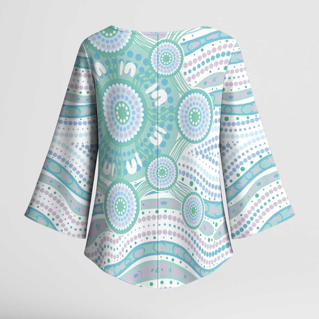 Australian Indigenous Aboriginal Art Kimono Sleeve Blouse Vivid Pastel Teal Green
