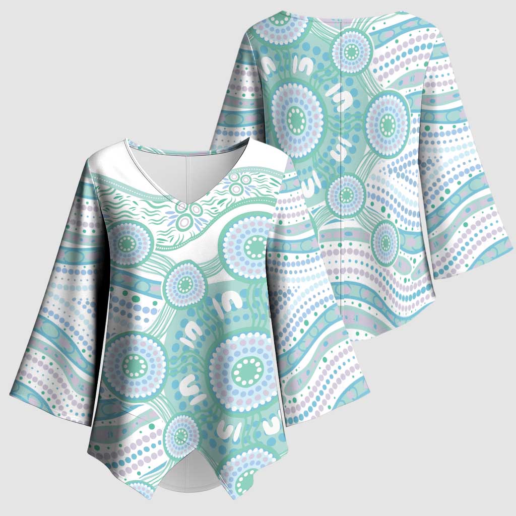 Australian Indigenous Aboriginal Art Kimono Sleeve Blouse Vivid Pastel Teal Green