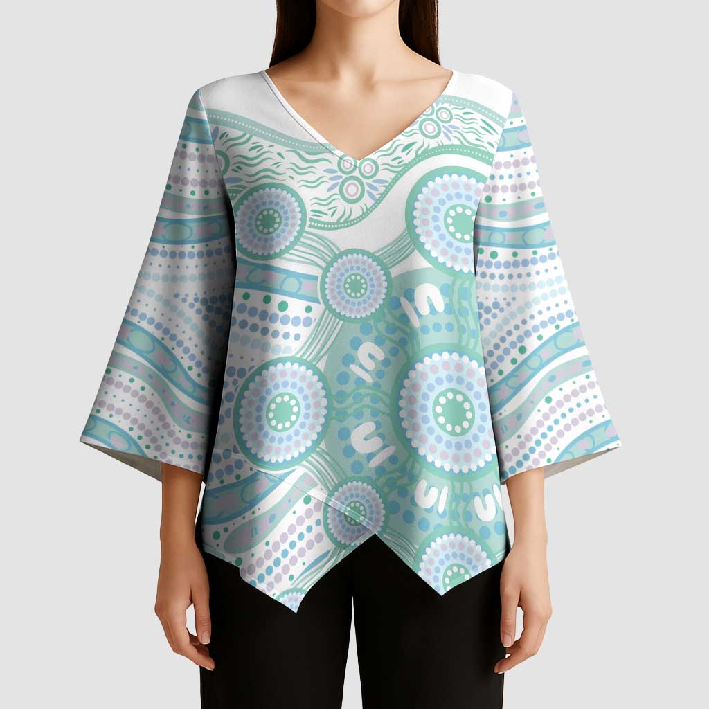 Australian Indigenous Aboriginal Art Kimono Sleeve Blouse Vivid Pastel Teal Green