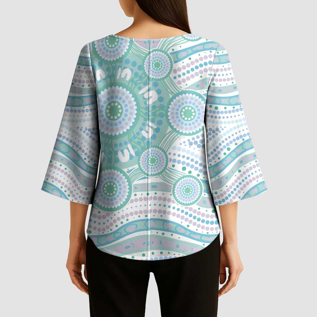 Australian Indigenous Aboriginal Art Kimono Sleeve Blouse Vivid Pastel Teal Green