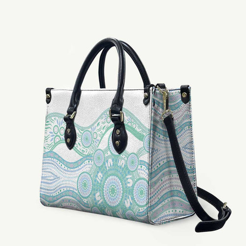 Australian Indigenous Aboriginal Art Leather Bag Vivid Pastel Teal Green