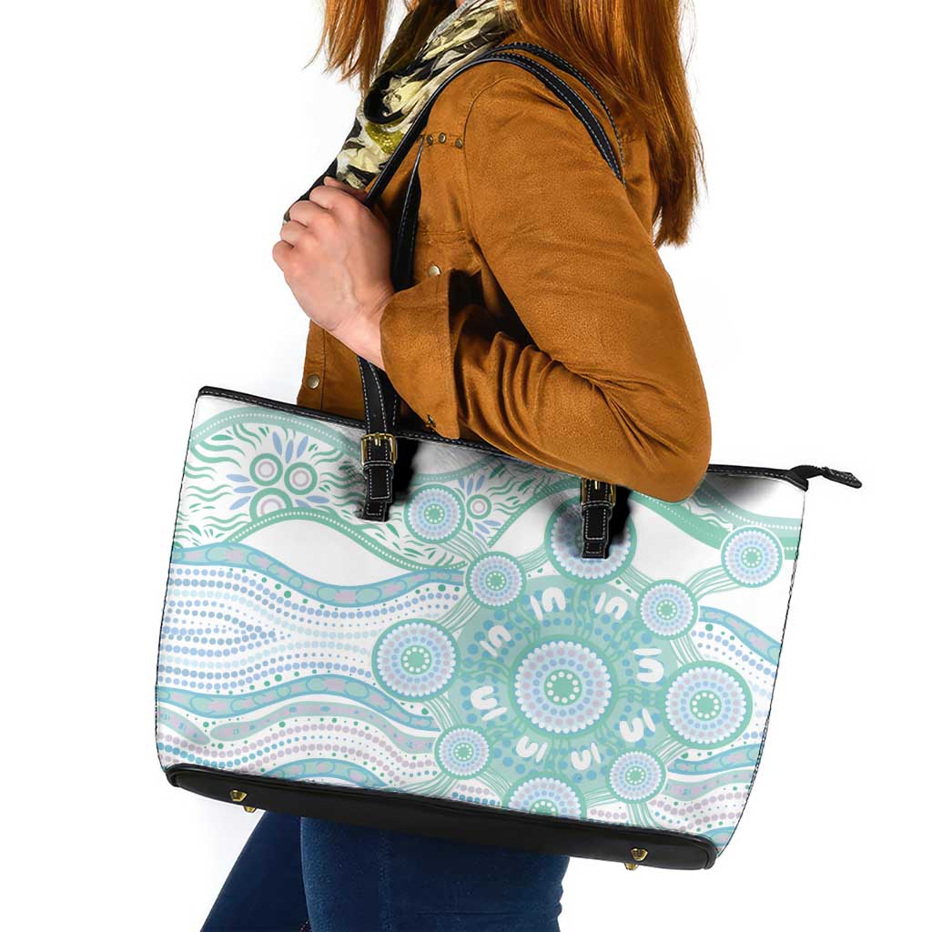 Australian Indigenous Aboriginal Art Leather Tote Bag Vivid Pastel Teal Green