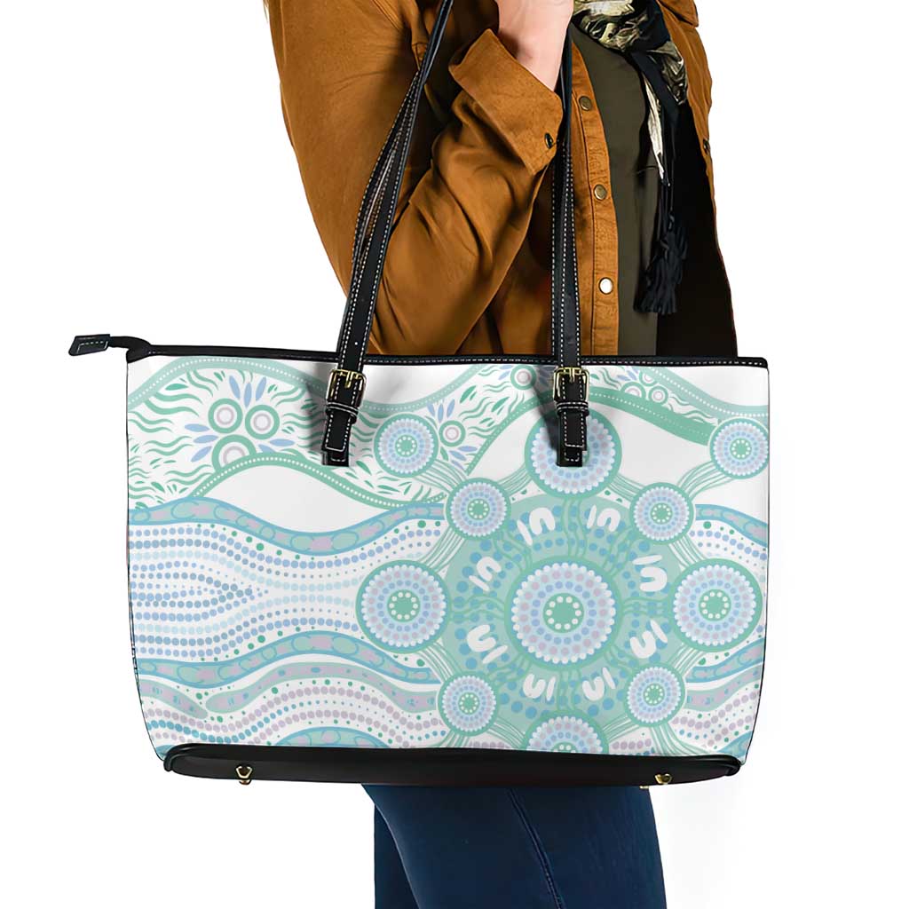 Australian Indigenous Aboriginal Art Leather Tote Bag Vivid Pastel Teal Green