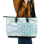 Australian Indigenous Aboriginal Art Leather Tote Bag Vivid Pastel Teal Green