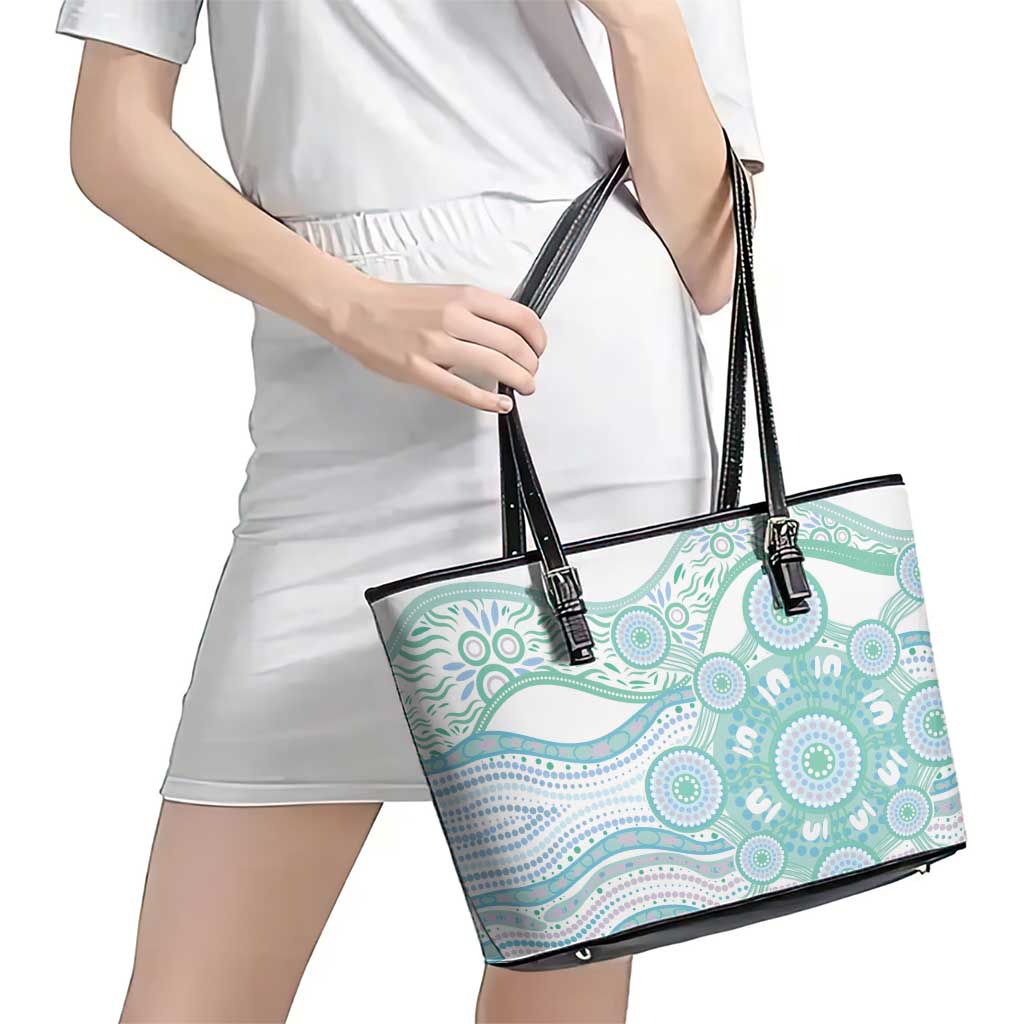 Australian Indigenous Aboriginal Art Leather Tote Bag Vivid Pastel Teal Green