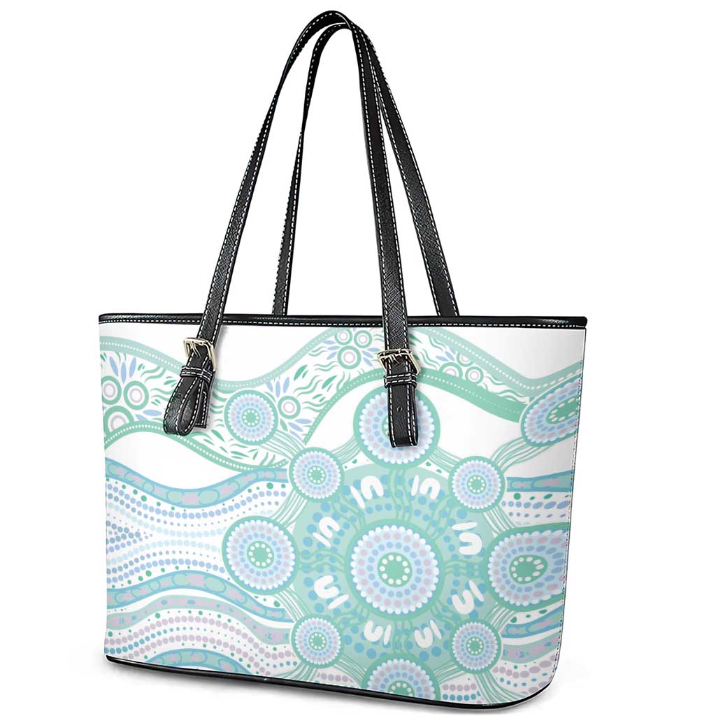 Australian Indigenous Aboriginal Art Leather Tote Bag Vivid Pastel Teal Green