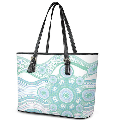 Australian Indigenous Aboriginal Art Leather Tote Bag Vivid Pastel Teal Green