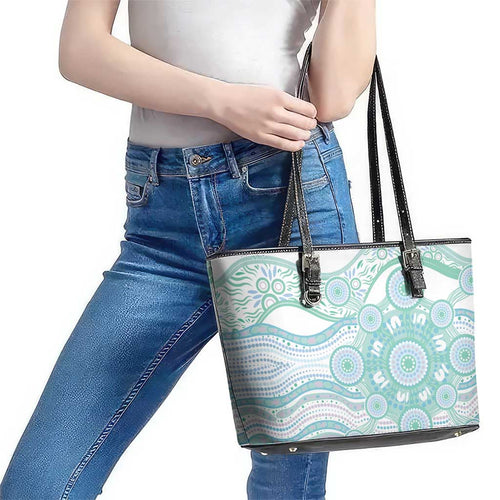 Australian Indigenous Aboriginal Art Leather Tote Bag Vivid Pastel Teal Green