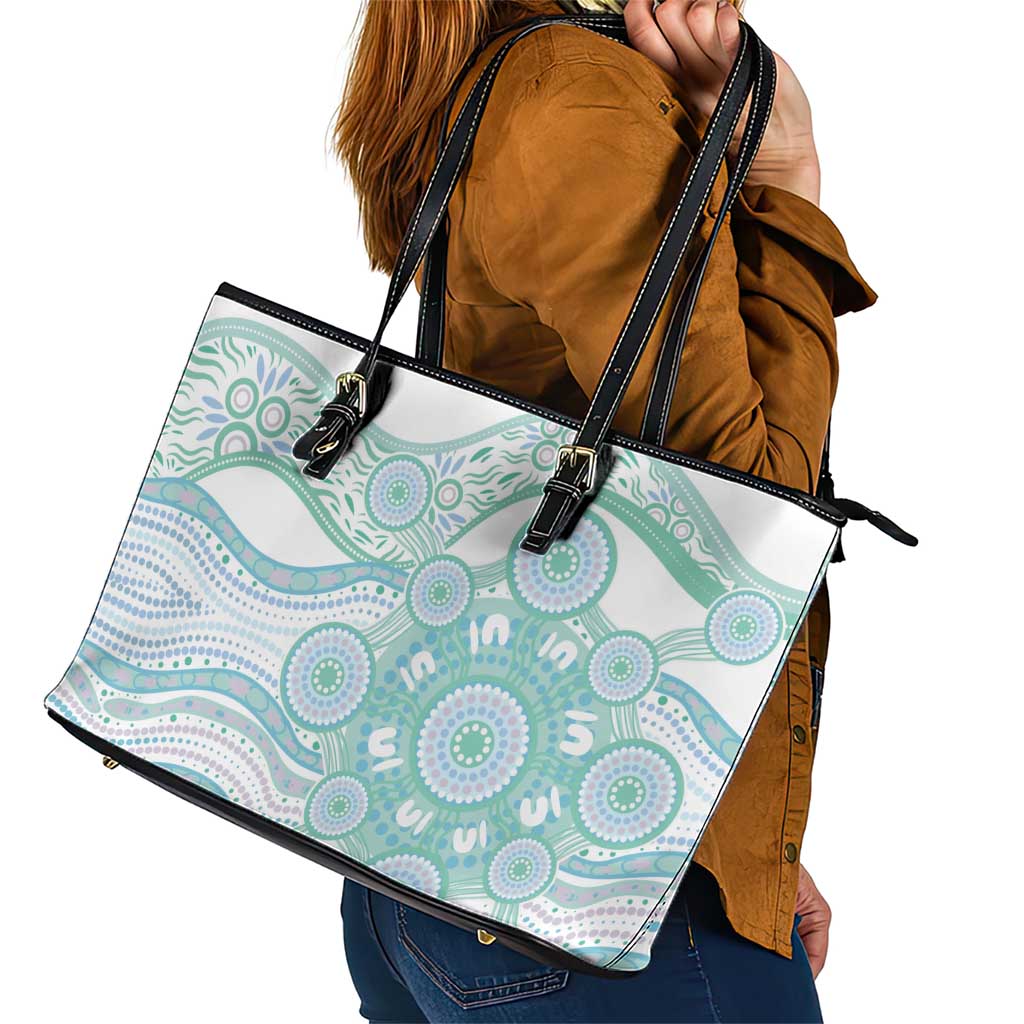 Australian Indigenous Aboriginal Art Leather Tote Bag Vivid Pastel Teal Green