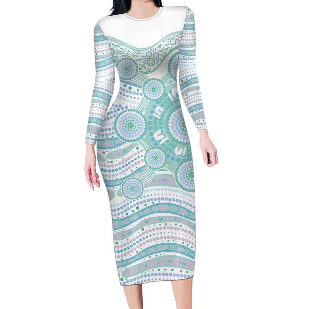 Australian Indigenous Aboriginal Art Long Sleeve Bodycon Dress Vivid Pastel Teal Green