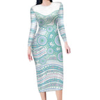 Australian Indigenous Aboriginal Art Long Sleeve Bodycon Dress Vivid Pastel Teal Green