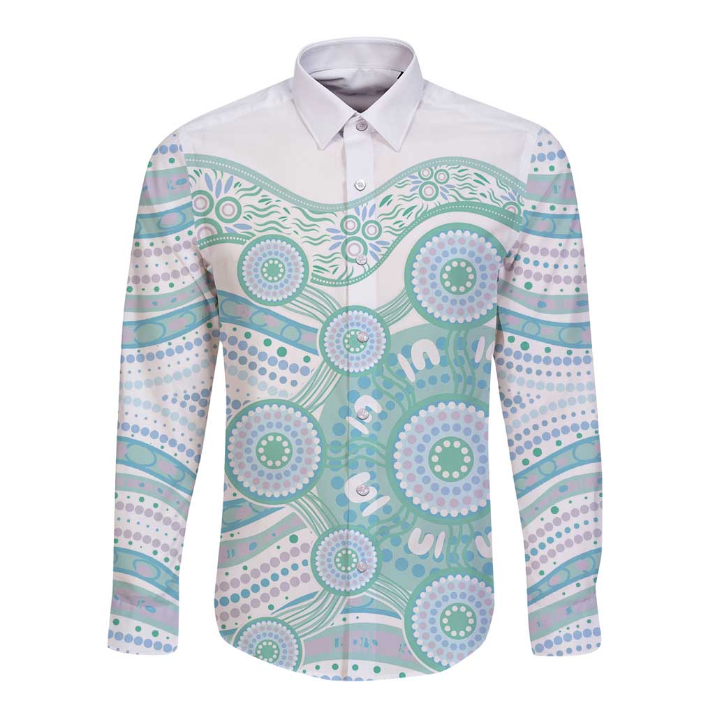 Australian Indigenous Aboriginal Art Long Sleeve Button Shirt Vivid Pastel Teal Green