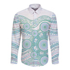 Australian Indigenous Aboriginal Art Long Sleeve Button Shirt Vivid Pastel Teal Green