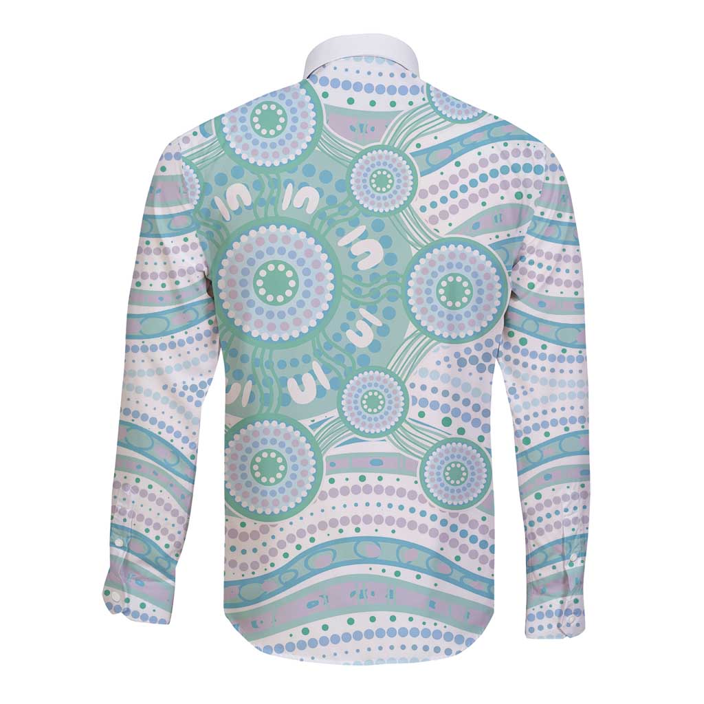 Australian Indigenous Aboriginal Art Long Sleeve Button Shirt Vivid Pastel Teal Green