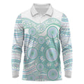 Australian Indigenous Aboriginal Art Long Sleeve Polo Shirt Vivid Pastel Teal Green