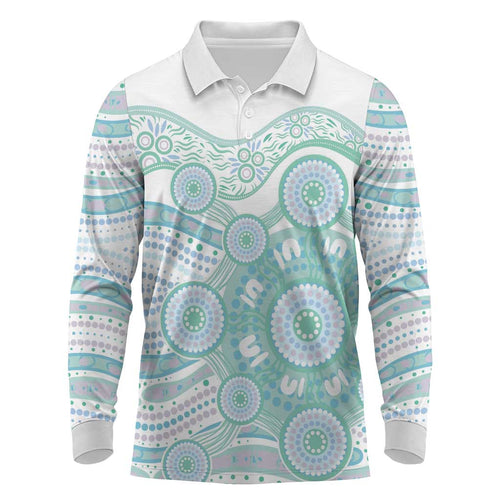 Australian Indigenous Aboriginal Art Long Sleeve Polo Shirt Vivid Pastel Teal Green