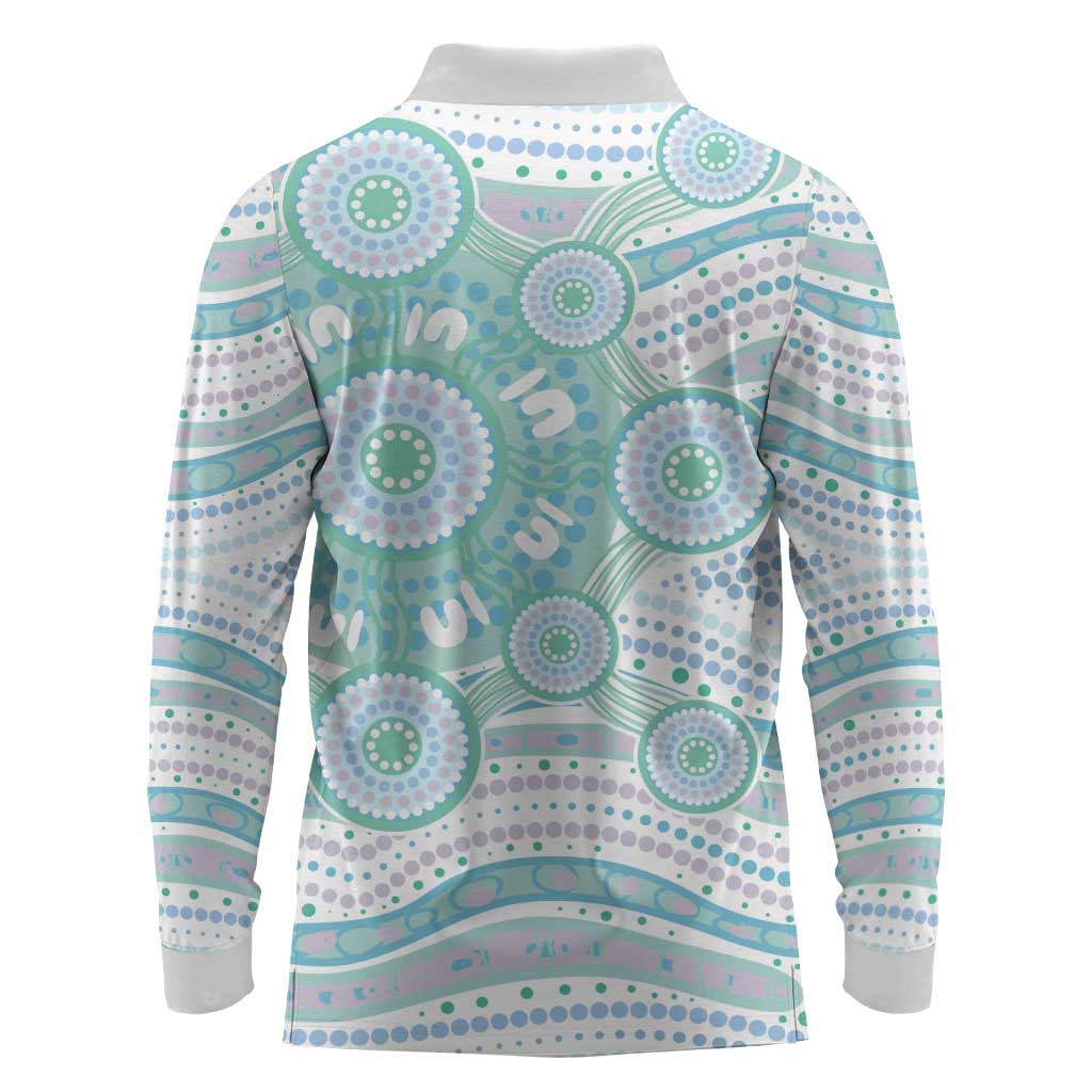 Australian Indigenous Aboriginal Art Long Sleeve Polo Shirt Vivid Pastel Teal Green