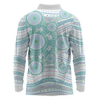 Australian Indigenous Aboriginal Art Long Sleeve Polo Shirt Vivid Pastel Teal Green