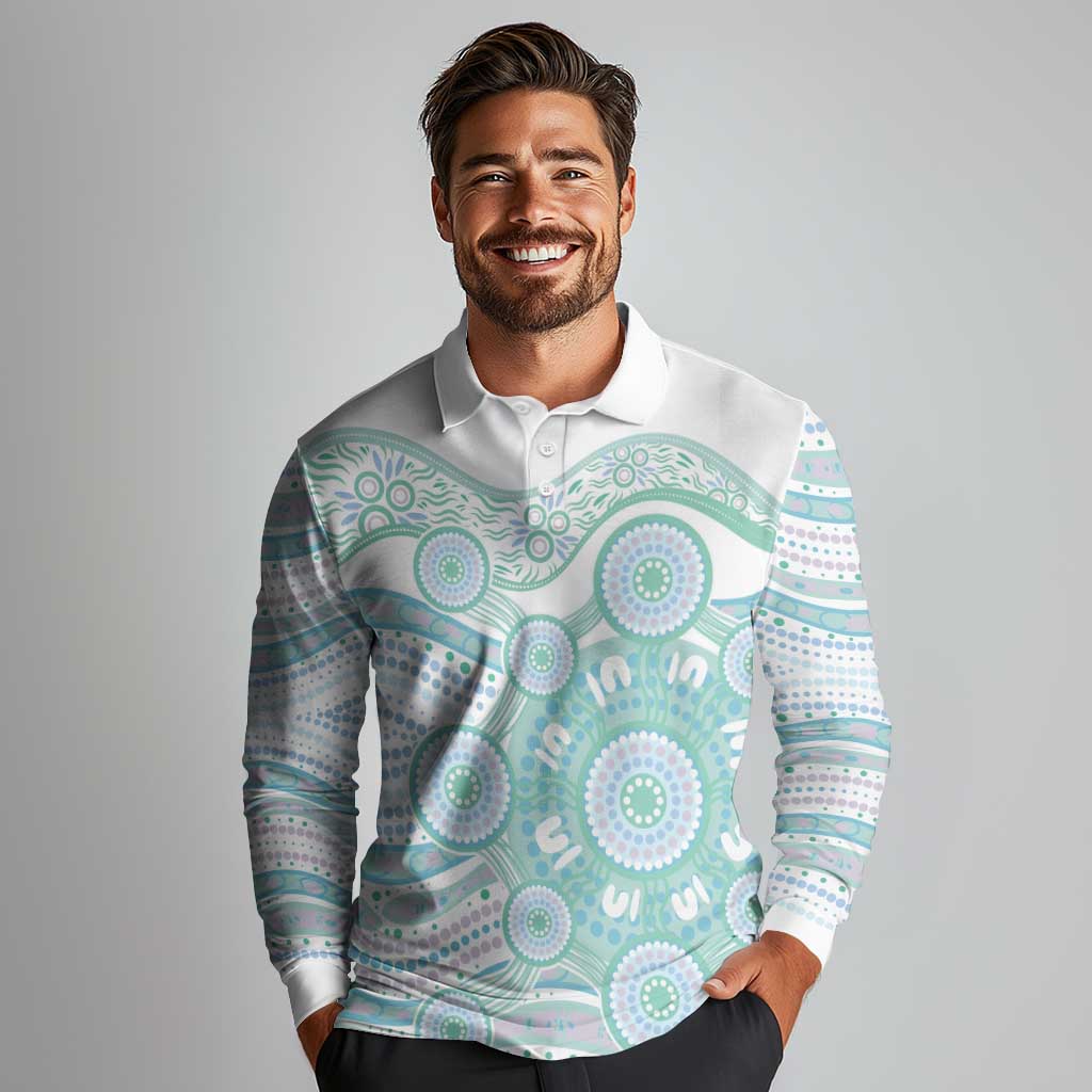 Australian Indigenous Aboriginal Art Long Sleeve Polo Shirt Vivid Pastel Teal Green