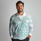 Australian Indigenous Aboriginal Art Long Sleeve Polo Shirt Vivid Pastel Teal Green