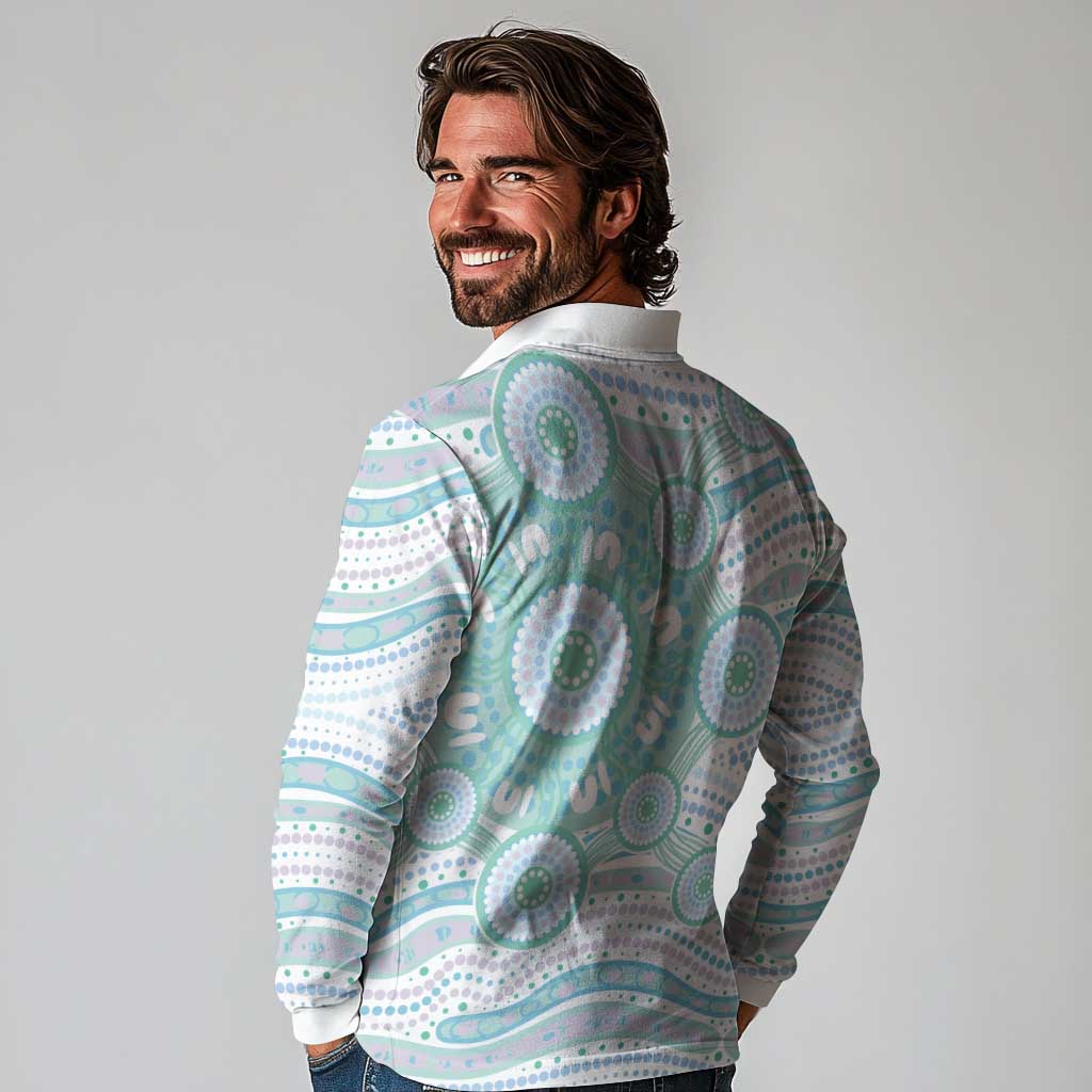 Australian Indigenous Aboriginal Art Long Sleeve Polo Shirt Vivid Pastel Teal Green