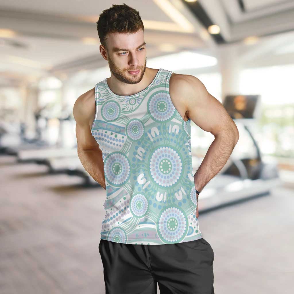 Australian Indigenous Aboriginal Art Men Tank Top Vivid Pastel Teal Green