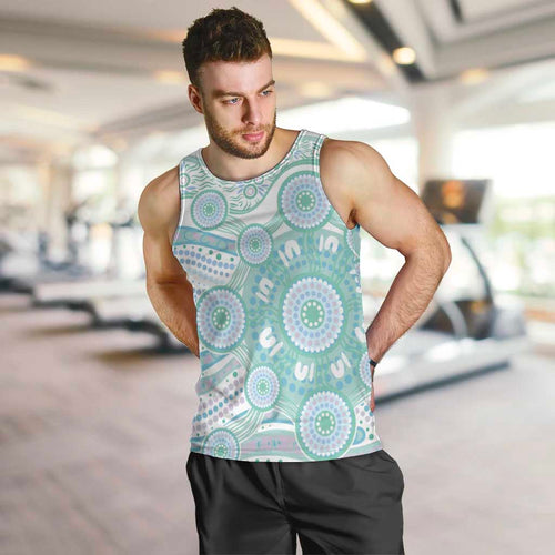 Australian Indigenous Aboriginal Art Men Tank Top Vivid Pastel Teal Green