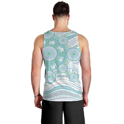 Australian Indigenous Aboriginal Art Men Tank Top Vivid Pastel Teal Green