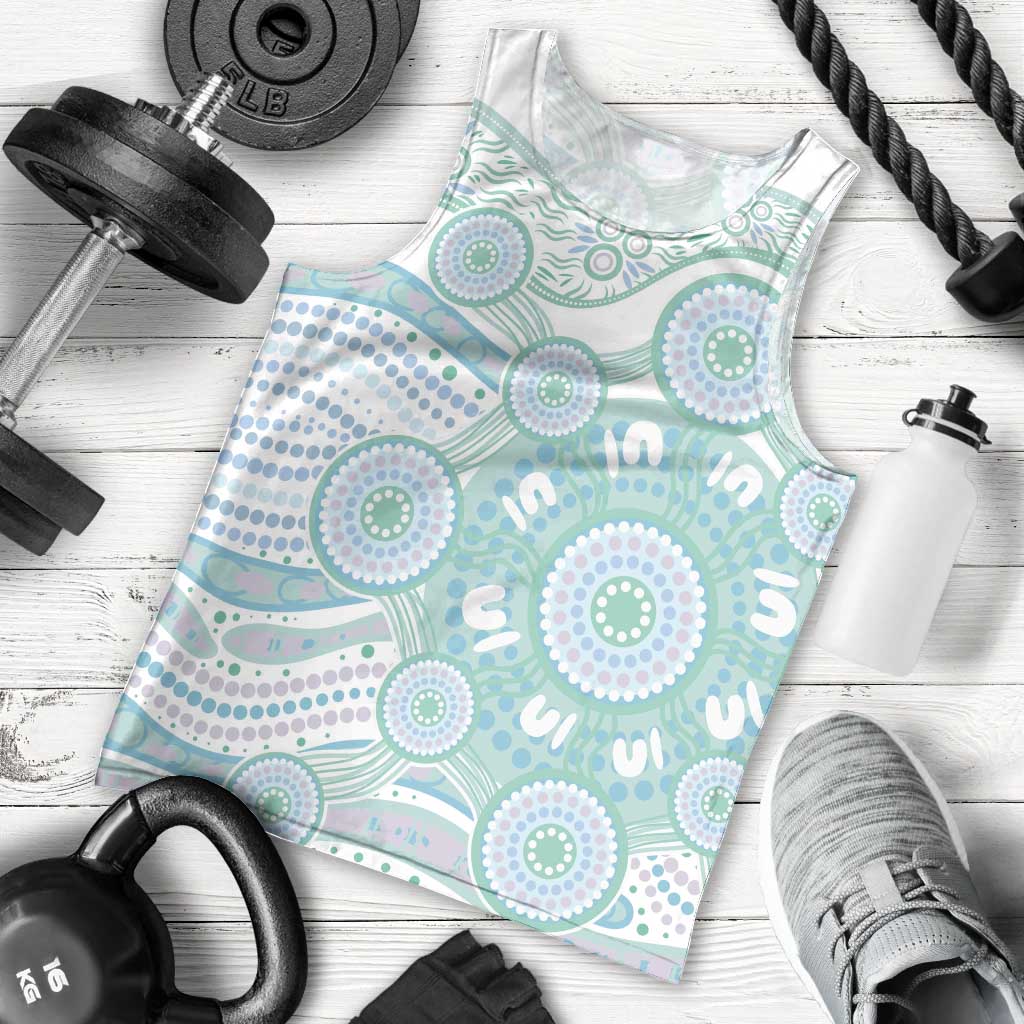 Australian Indigenous Aboriginal Art Men Tank Top Vivid Pastel Teal Green