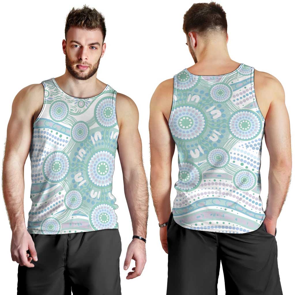 Australian Indigenous Aboriginal Art Men Tank Top Vivid Pastel Teal Green