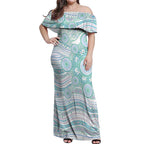 Australian Indigenous Aboriginal Art Off Shoulder Maxi Dress Vivid Pastel Teal Green