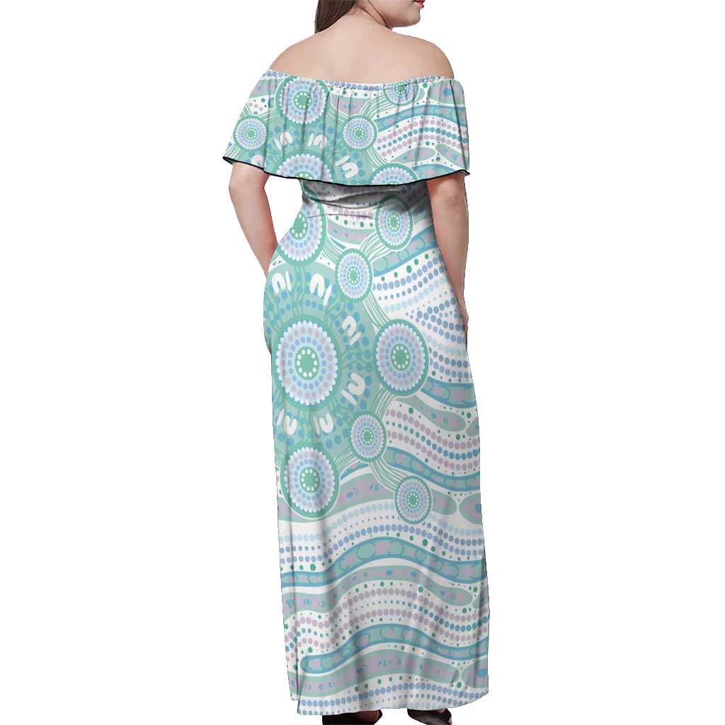 Australian Indigenous Aboriginal Art Off Shoulder Maxi Dress Vivid Pastel Teal Green