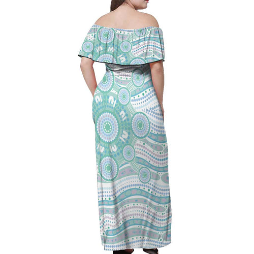 Australian Indigenous Aboriginal Art Off Shoulder Maxi Dress Vivid Pastel Teal Green