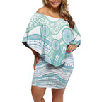 Australian Indigenous Aboriginal Art Off Shoulder Short Dress Vivid Pastel Teal Green