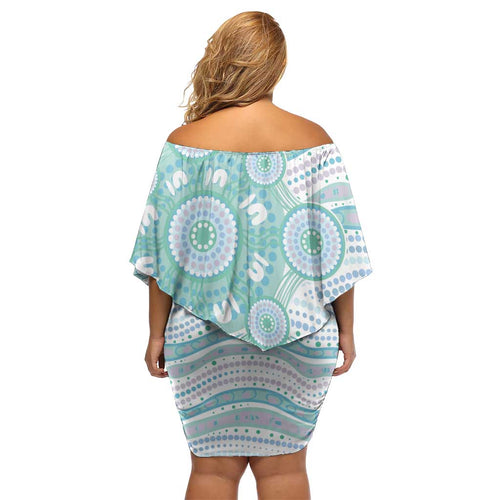 Australian Indigenous Aboriginal Art Off Shoulder Short Dress Vivid Pastel Teal Green